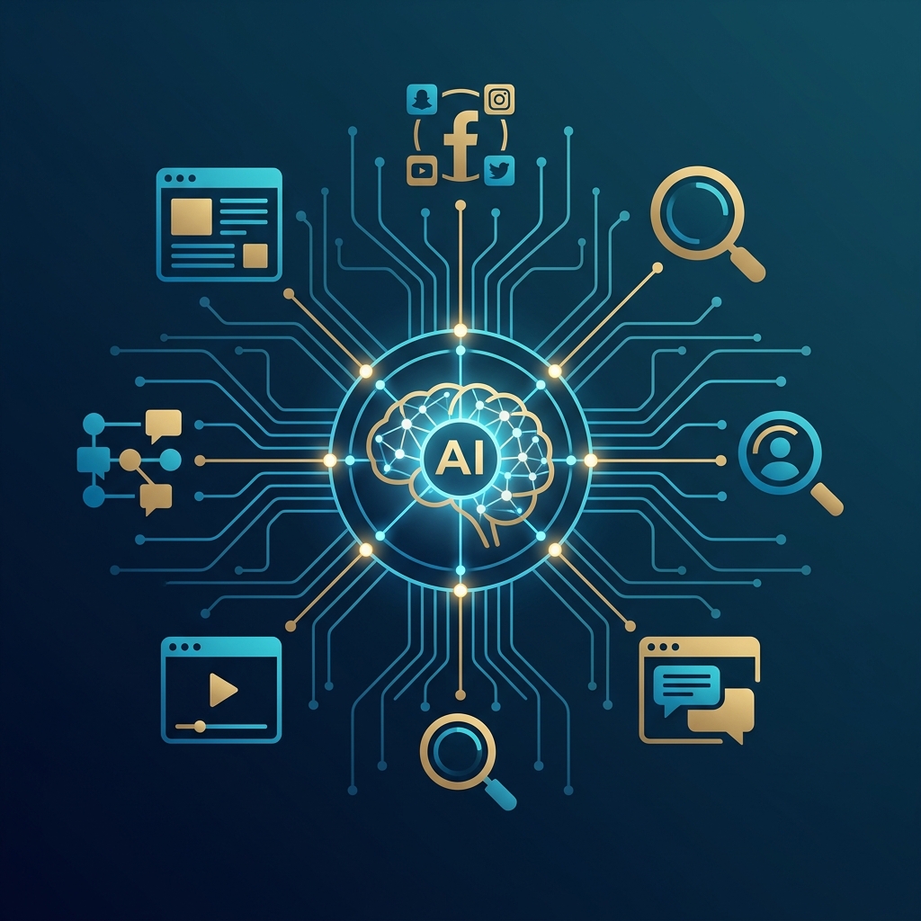 AI-powered brand discovery ecosystem — how AI connects websites, social media, search, video, and chat for business visibility