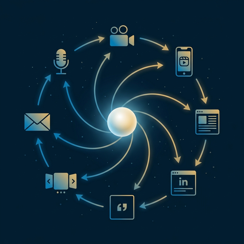 Content flywheel showing one central idea radiating outward into multiple content formats — video, reels, blog, LinkedIn, quote cards, email, carousel, and podcast
