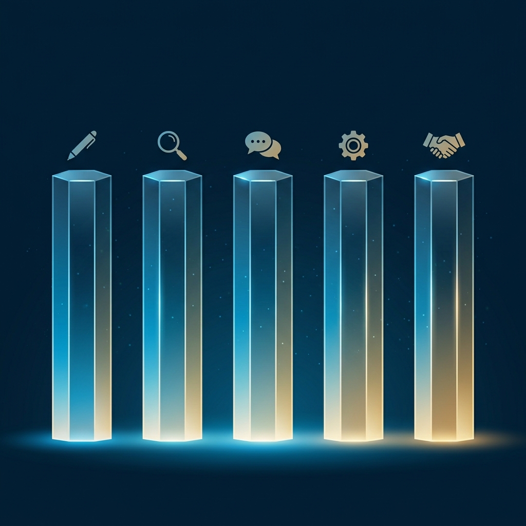 Five crystal pillars representing the core pillars of digital marketing: Content, Search, Social, Automation, and Sales