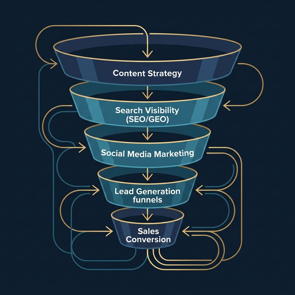 Digital marketing system funnel showing the five layers: Content Strategy, Search Visibility, Social Media Marketing, Lead Generation, and Sales Conversion