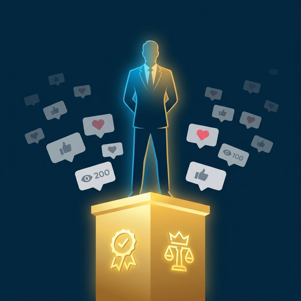 Business leader standing on a golden pedestal of authority while social media vanity metrics like likes, hearts, and views fade away in the background
