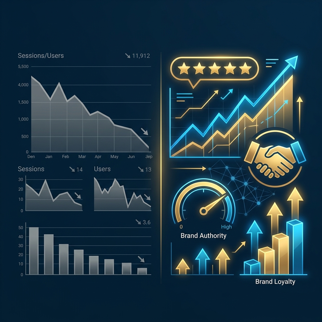 Dashboard showing declining website traffic metrics on the left, but rising brand authority, trust ratings, and loyalty metrics on the right