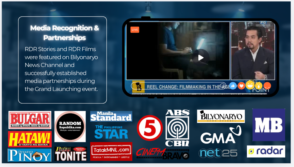 Media features — ABS-CBN, GMA, TV5, NET25, PTV, SMNI, Bilyonaryo, Manila Bulletin, Manila Standard, Philippine Star, Abante Tonite, Bulgar, Hataw!, Diyaryo Pinoy, Cinema Bravo, Radar, TatakMNL, Random Republika, Police Tonite